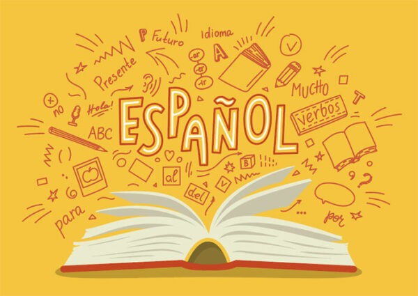 picture of open book with ESPANOL written above it, and red text and symbols on yellow background