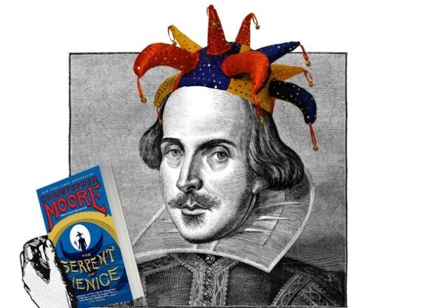 An image of Shakespeare holding a book and wearing a jester's hat