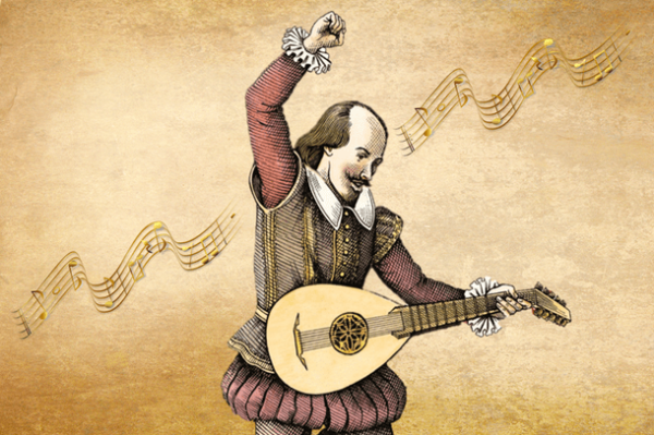 A cartoon of Shakespeare playing a mandolin