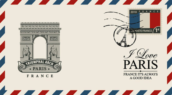 airmail envelope with French stamp, and I Love Paris on the front