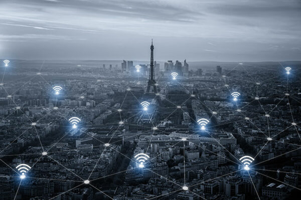 Paris with Eiffel Tower, wifi symbols indicating connectivity