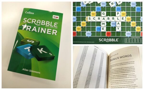 Scrabble trainer book and scrabble board